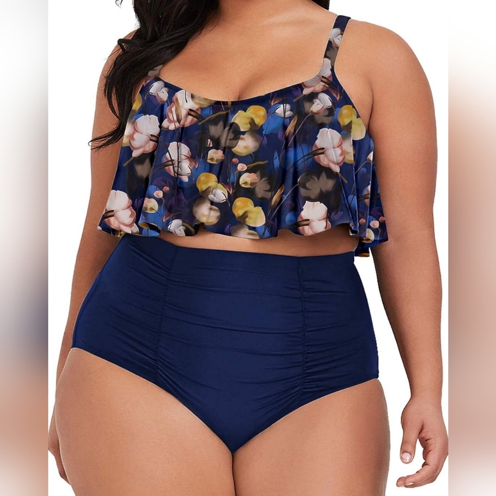 4XL Floral High Waisted Floral Water Color Full Coverage Two Piece NWOT